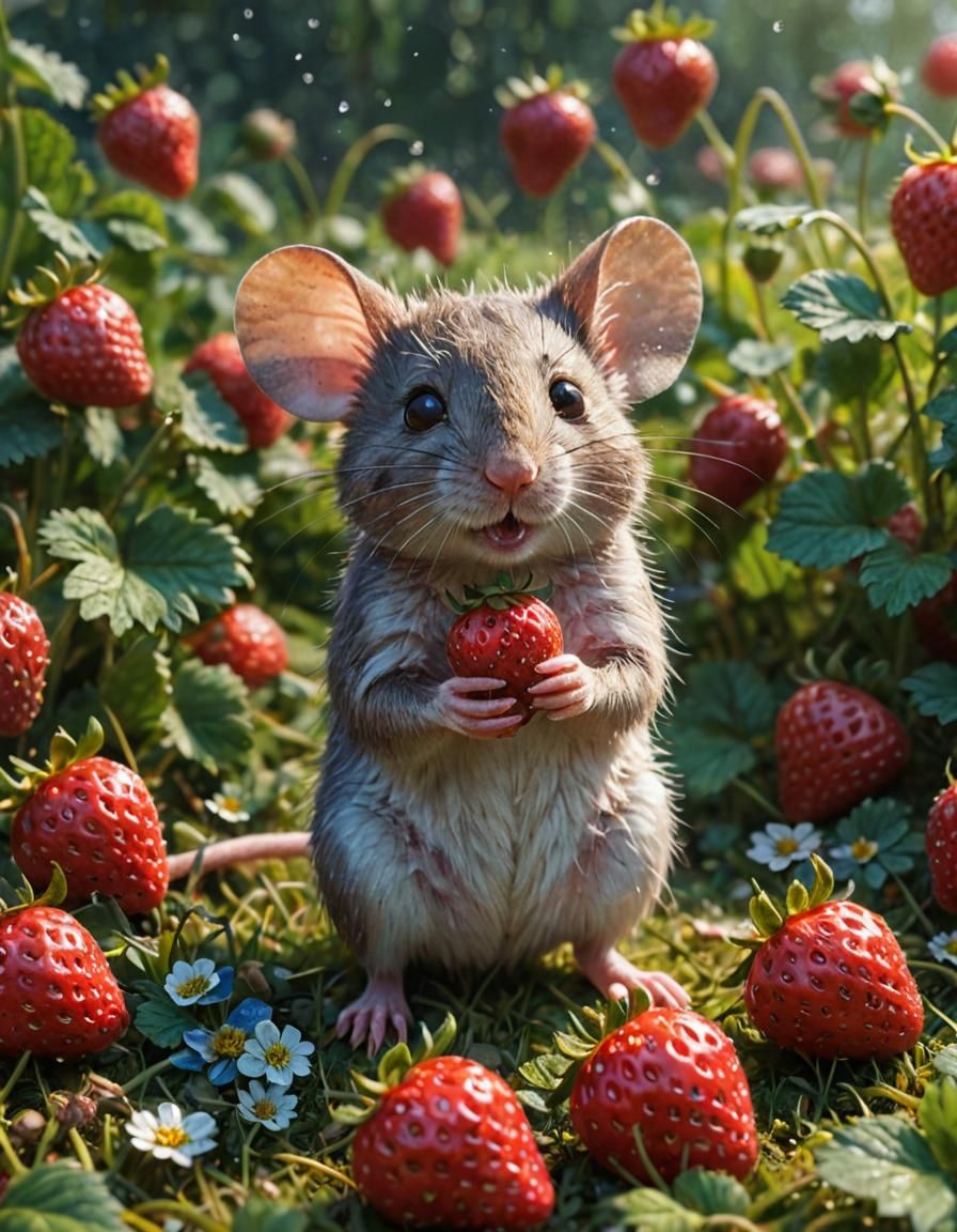 Mouse in Strawberry Field: Hyperrealistic Digital Art