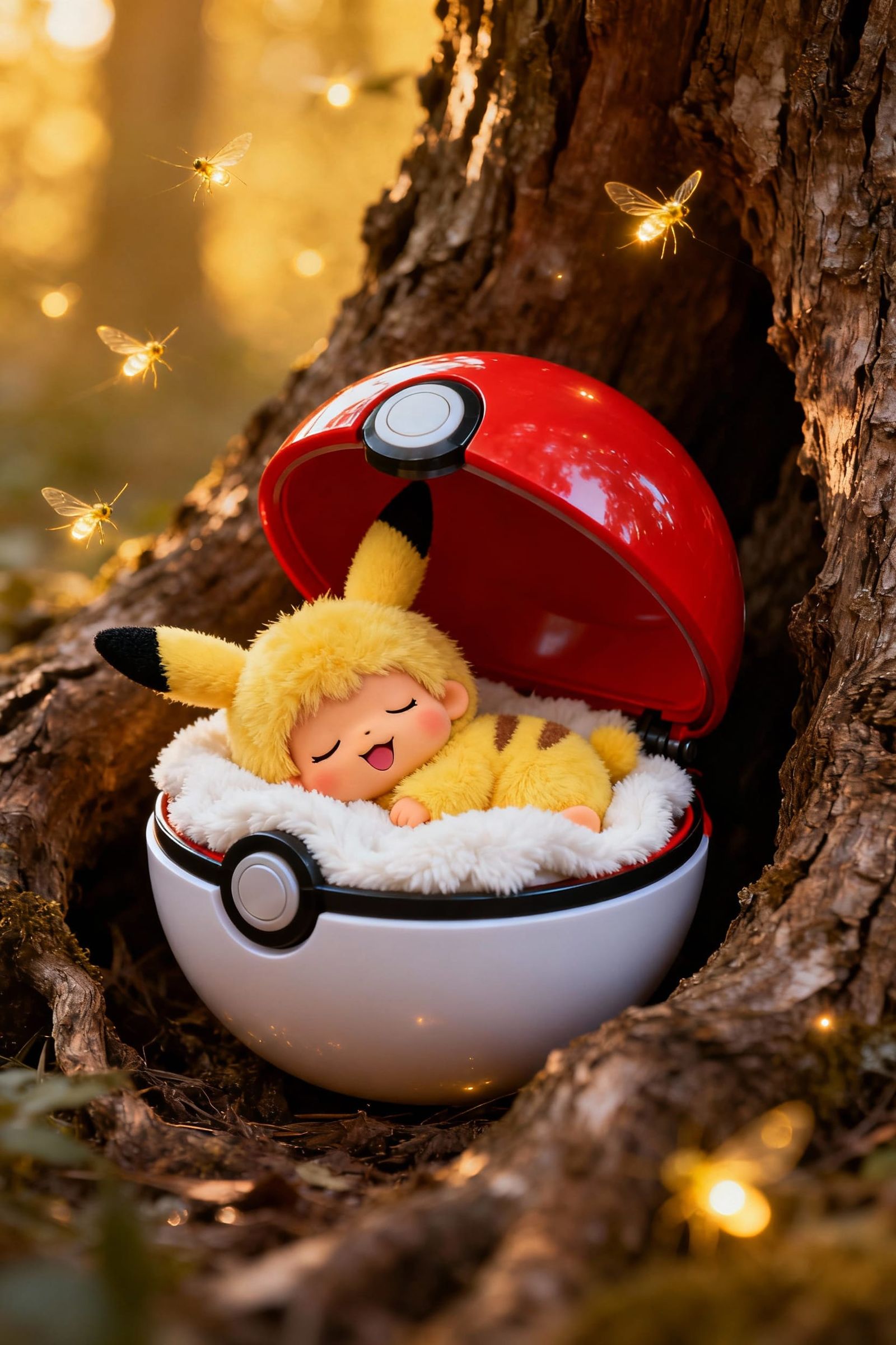 Cute Monchhichi Pikachu Hybrid Sleeping in Pokéball