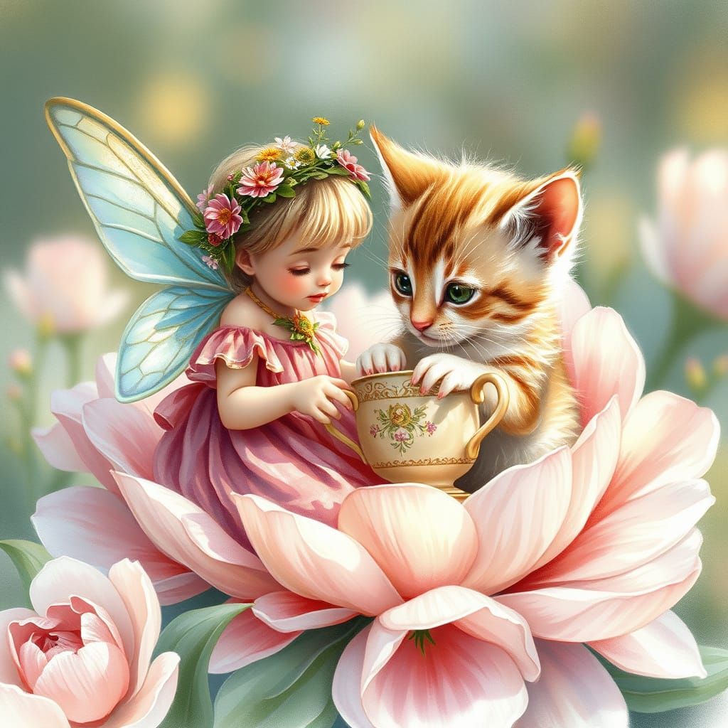 Whimsical Fairy and Kitten Share Tea in a Blooming Garden