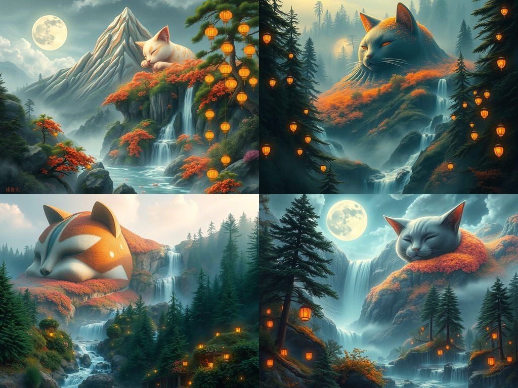 Feline Mountain Oasis with Cascading Waterfalls