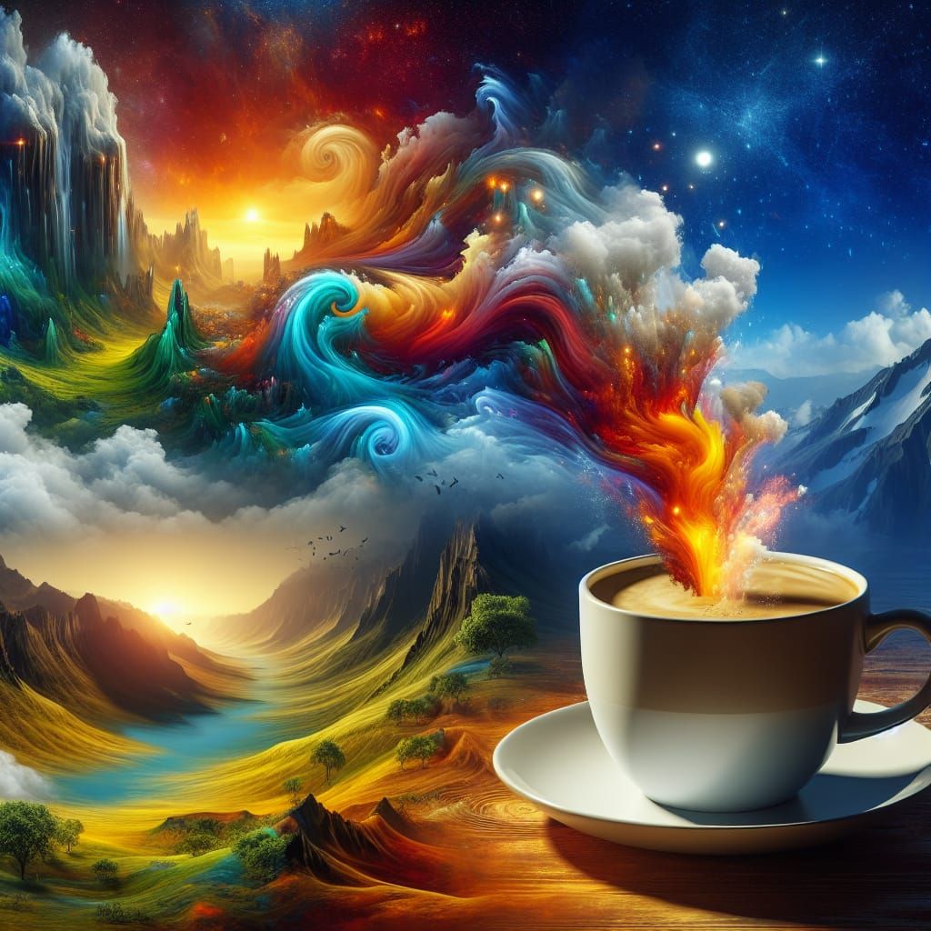 Surreal Coffee Steam Landscape in Fantasy Art Style