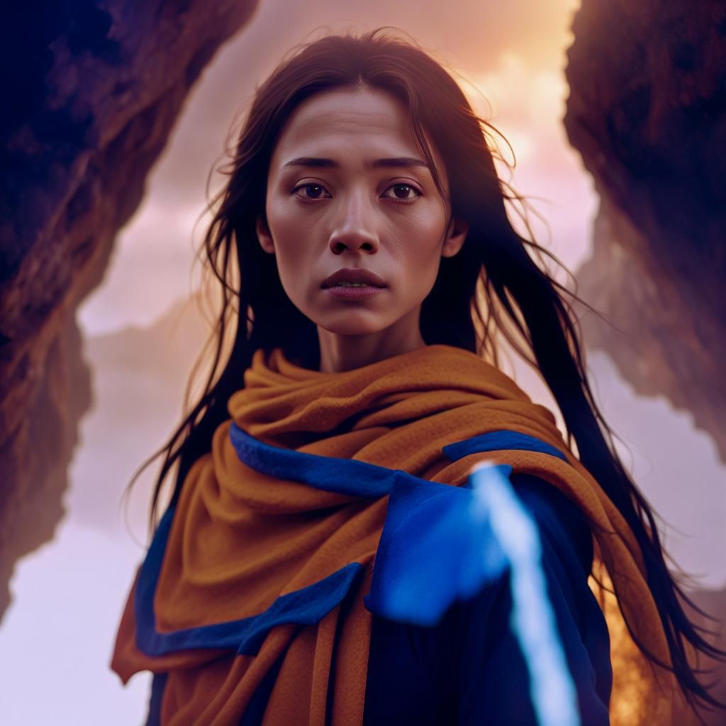 Lone Figure Overlooking Misty Valley: Cinematic Film Still