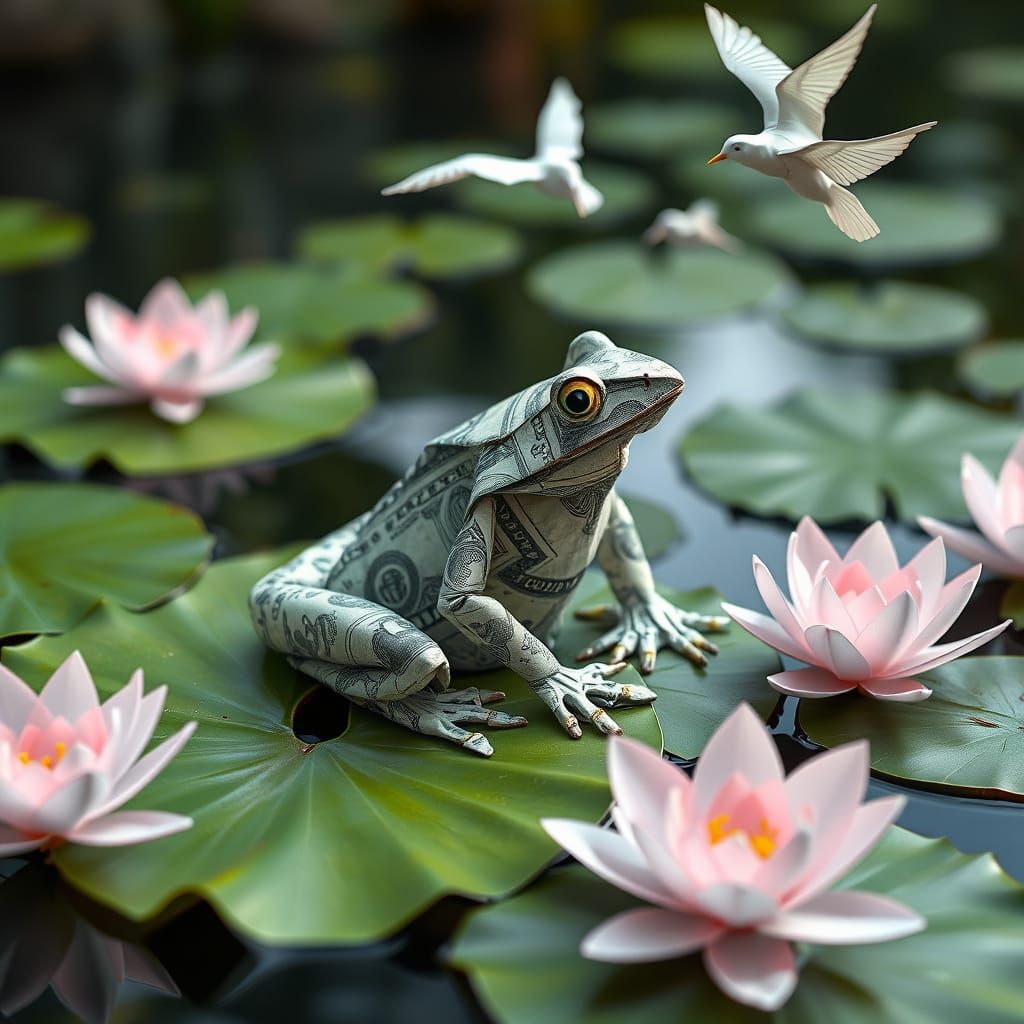 Origami Dollar Frog on Lily Pads in Photorealistic Style