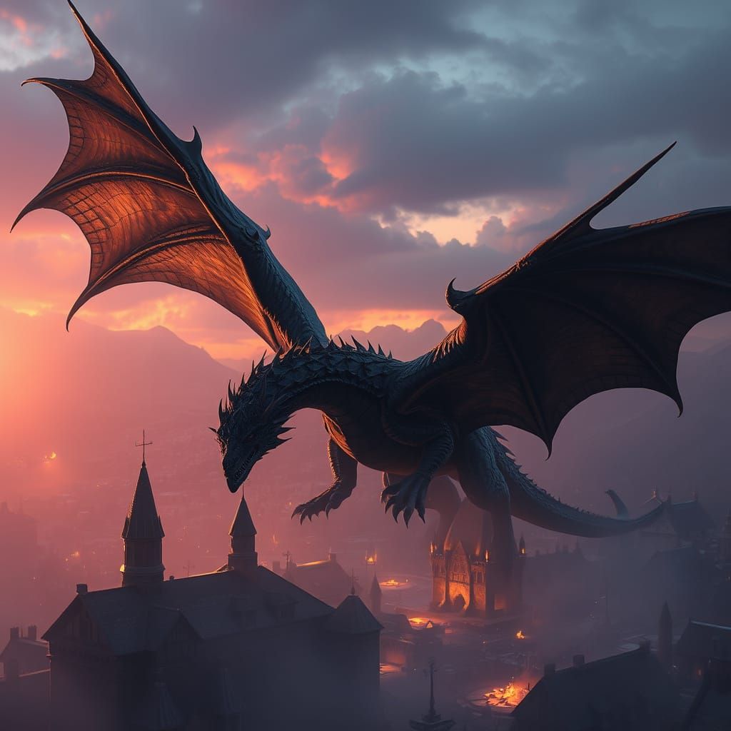 Black Dragon Soaring Over Viking Kingdom in Dark Fantasy Sty...