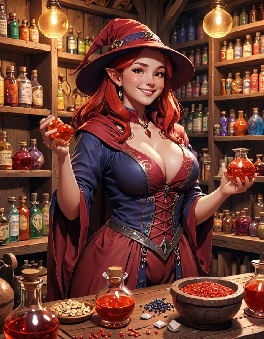 Red Sorceress Selling Potions in Anime Style