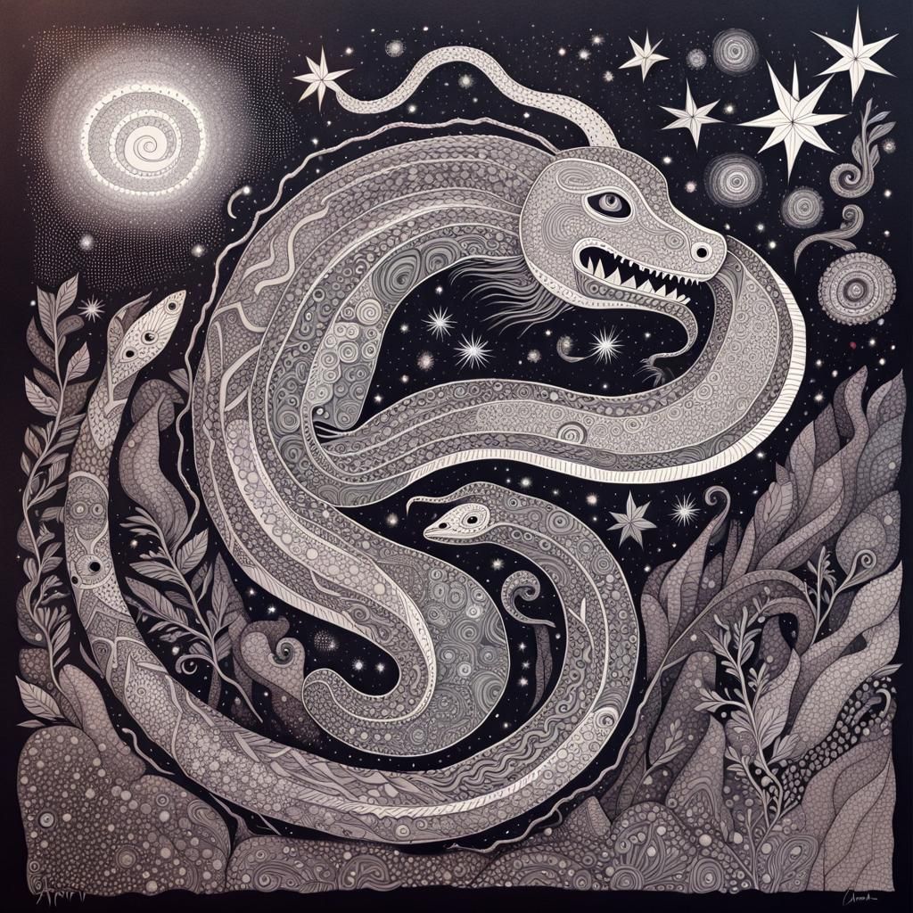 Whimsical Aboriginal Serpent in Cosmic Dreamscape