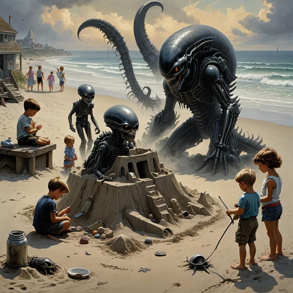 Xenomorph Children Build Sandcastles: Ethereal Fantasy Art