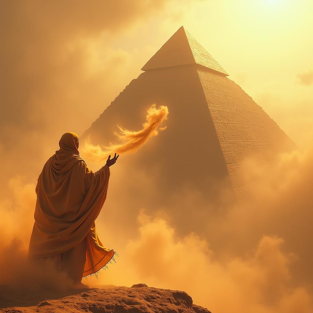 Floating Pyramid Above Sandstorm With Sand-Powered Figure