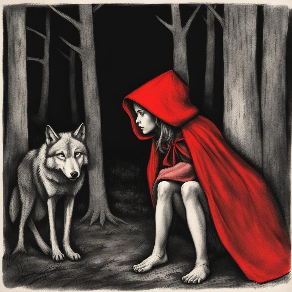 Little Red Riding Hood: Split Color Charcoal Drawing