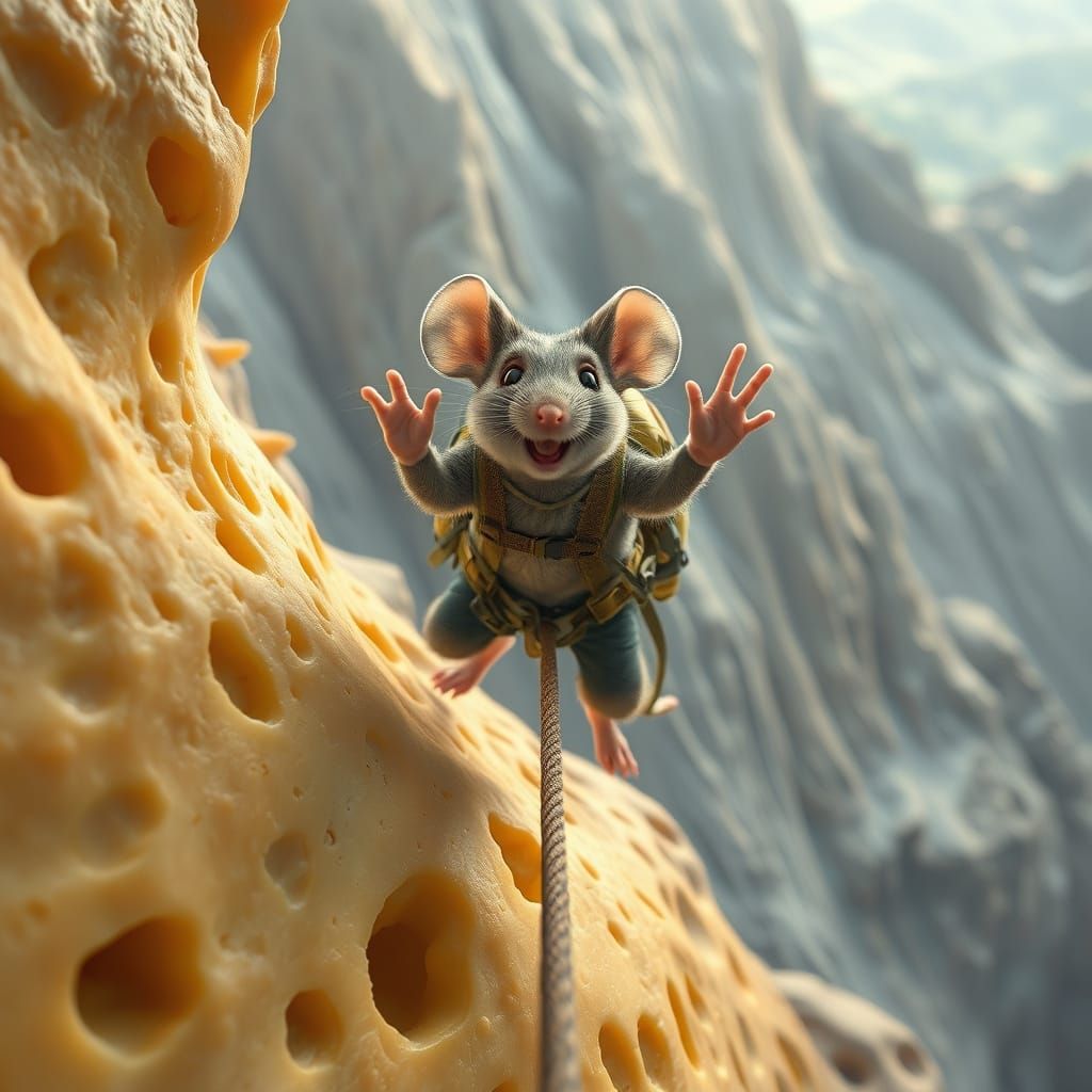 Mouse Climber Ascends Cheese Mountain in Hyperrealism