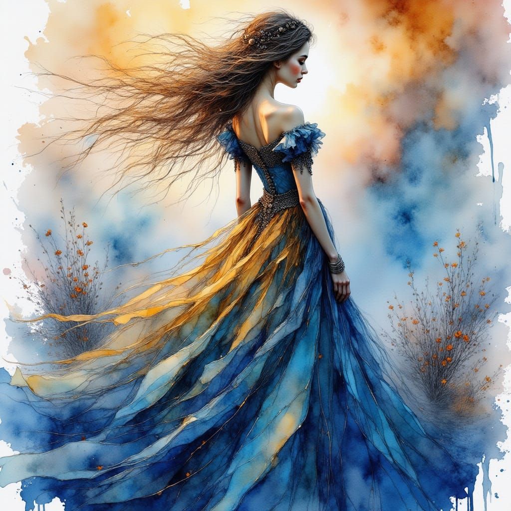 Woman in Flowing Blue and Gold Dress Watercolour Portrait