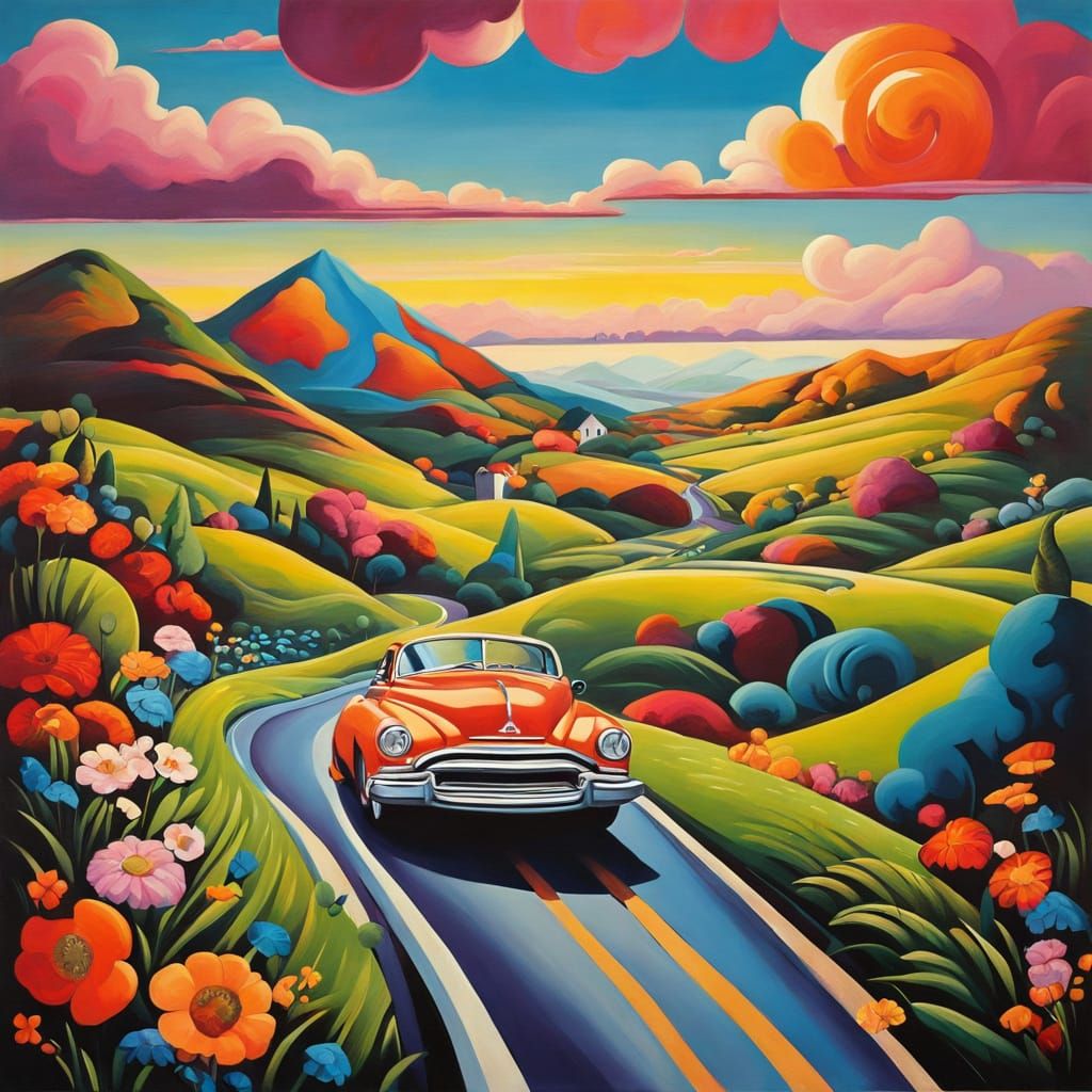 Cartoon Car on Winding Road: Retro Illustration