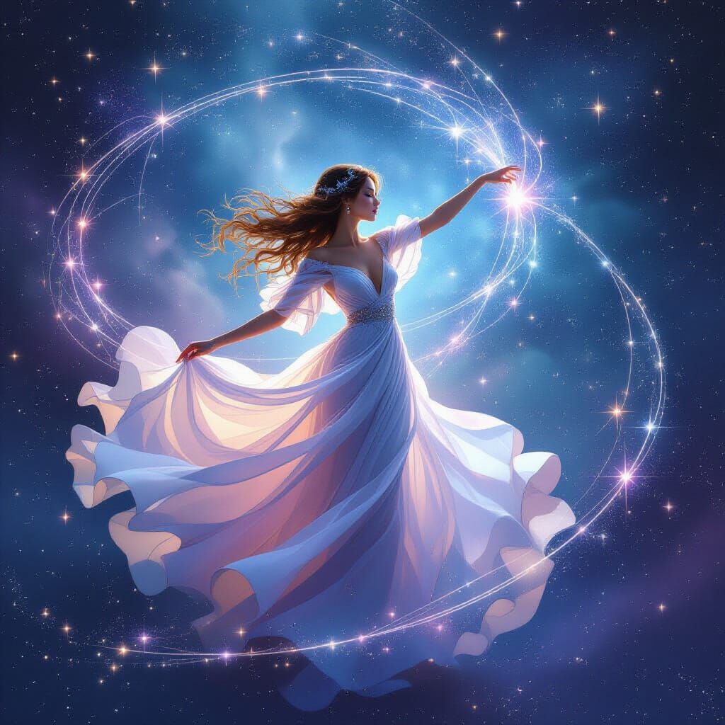 Celestial Woman Dancing with Stardust: A Surreal Vision