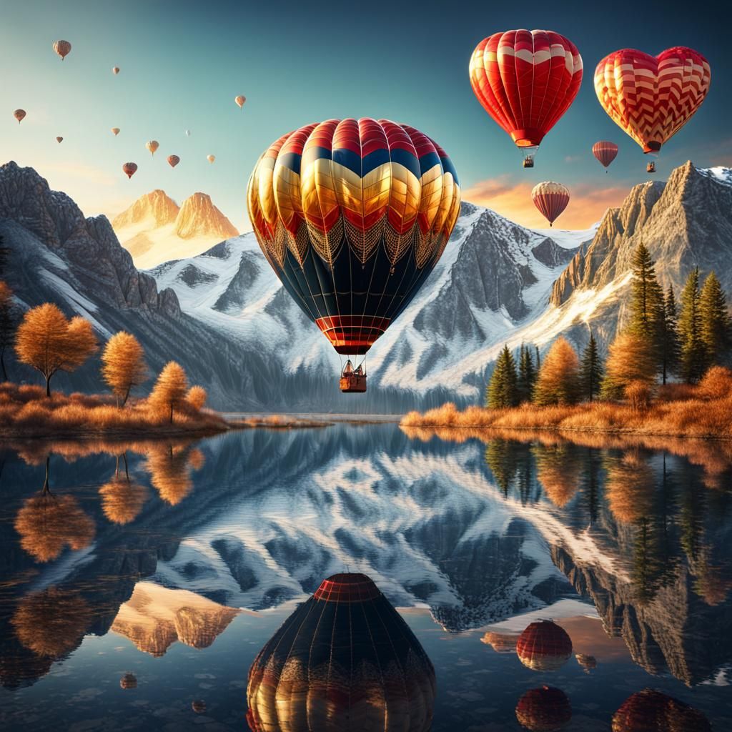 Glittery Hearts Hot Air Balloon Reflected in Lake