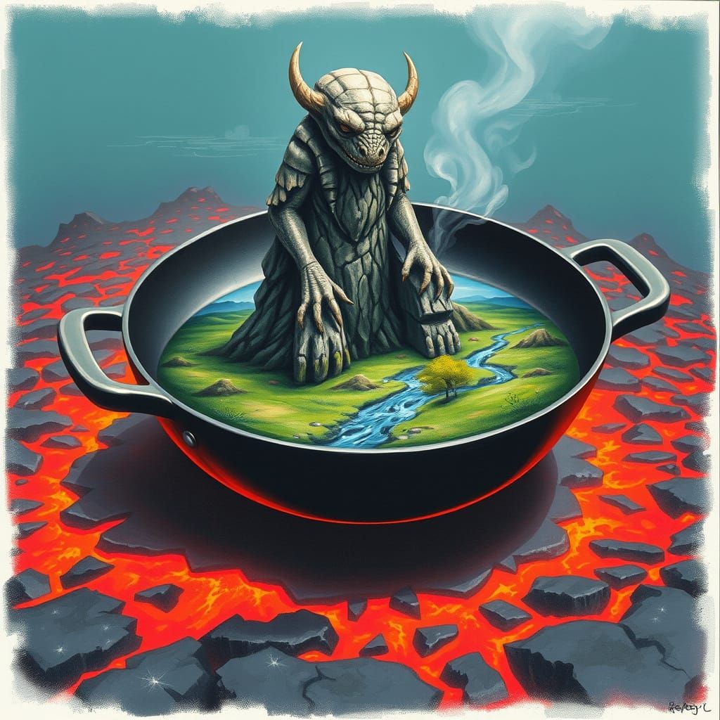 Gargoyle Landscape in Frying Pan, Spray Paint Art