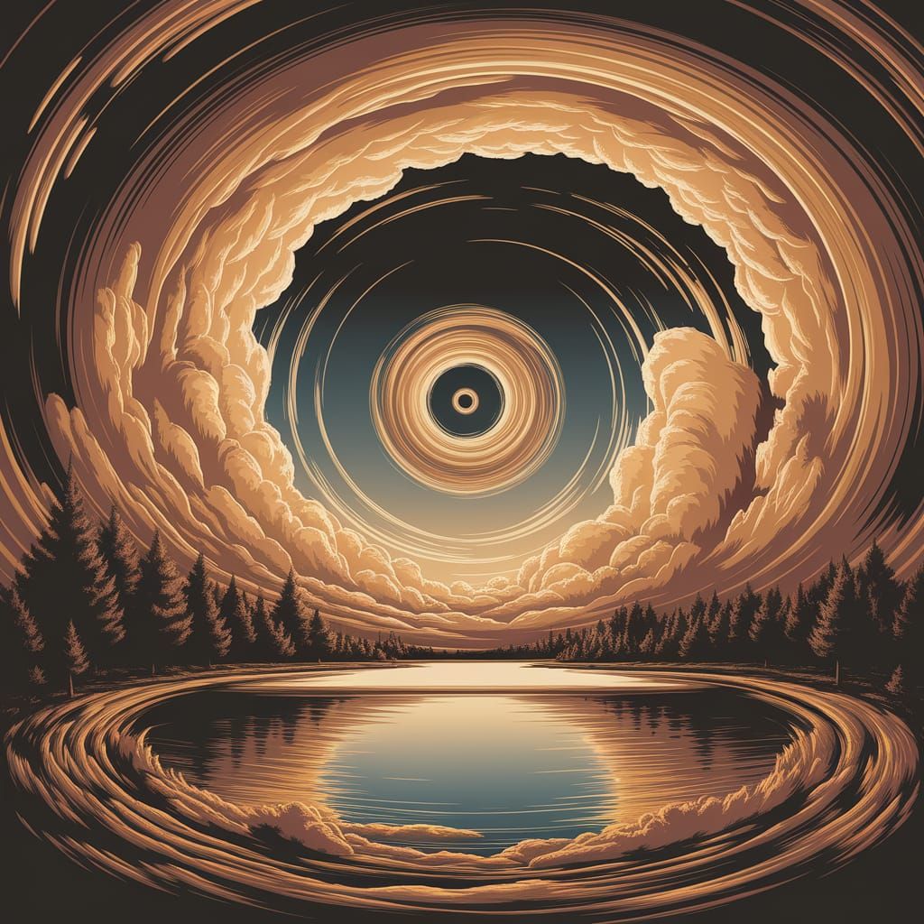 Serene Lake in a Swirling Golden Vortex: Digital Art