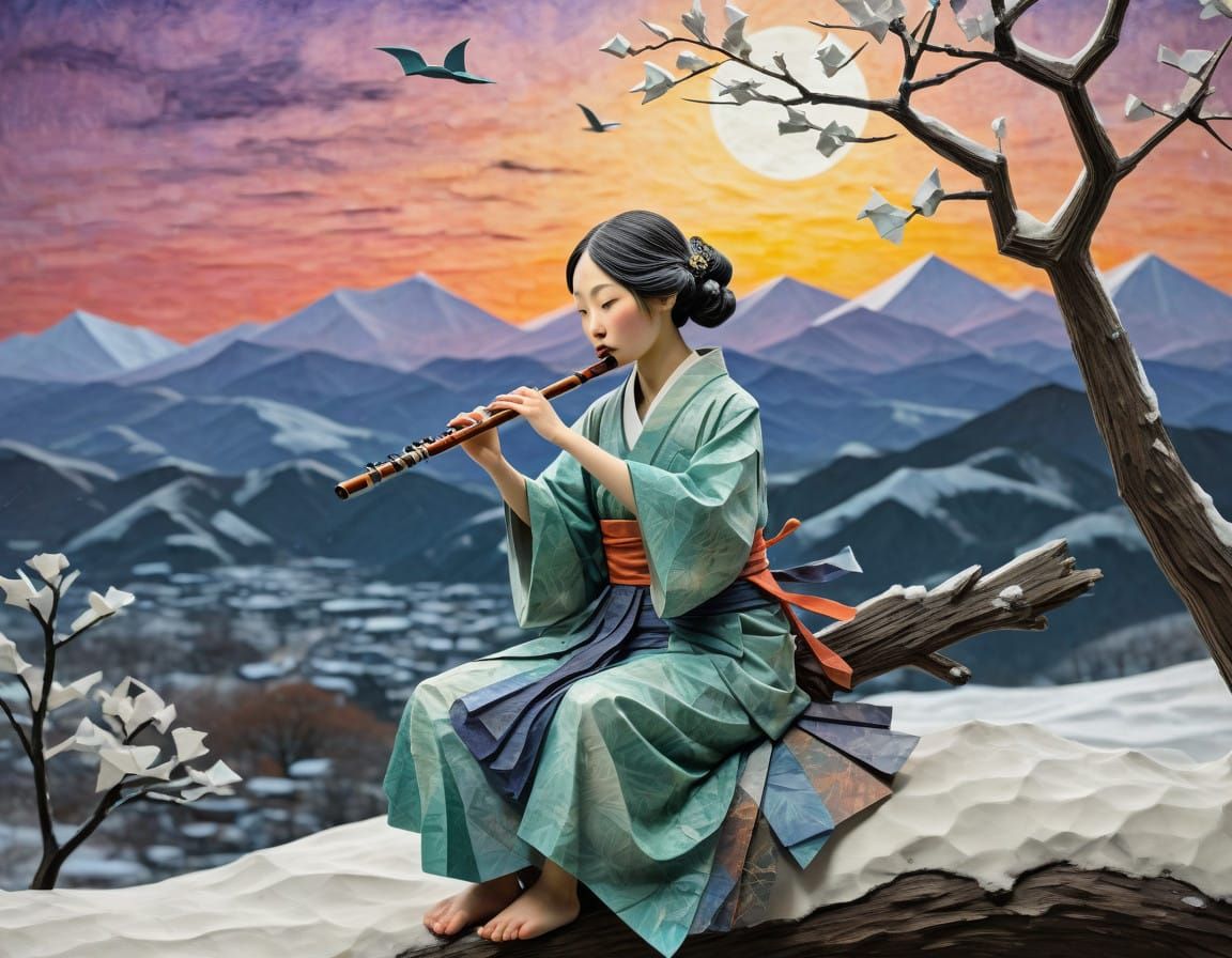 Whimsical Japanese Flute Player in Encaustic Stylized Painti...