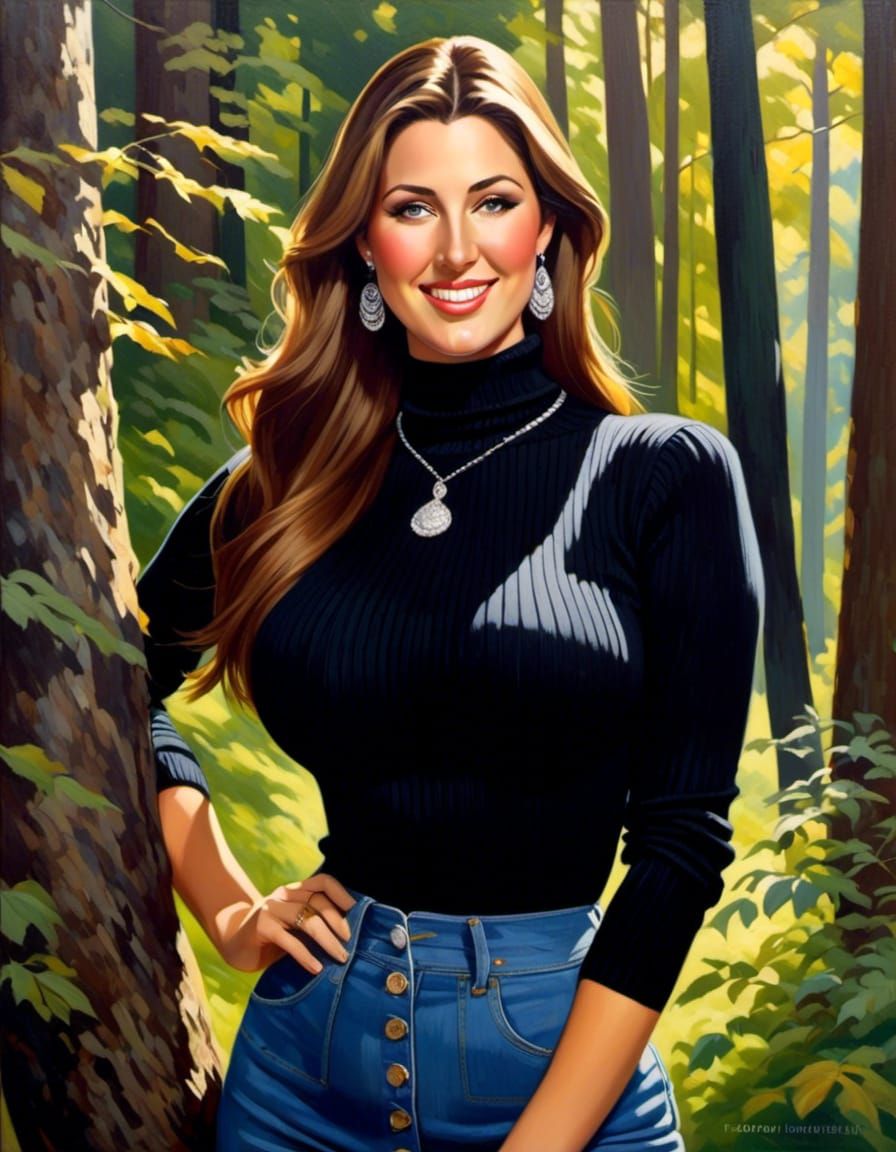 Elegant Woman in Forest, Oil Painting Style