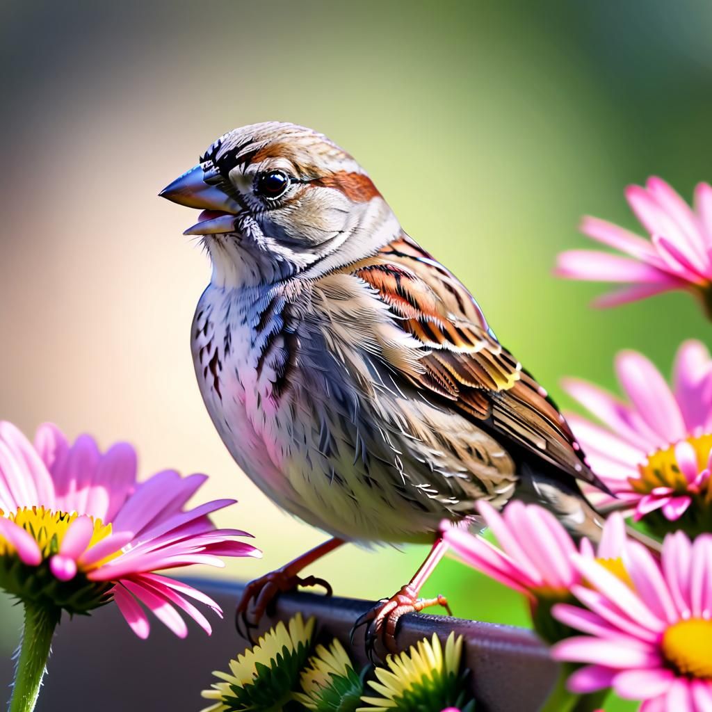 Female House Sparrow with Daisies: Professional Bird Photogr...