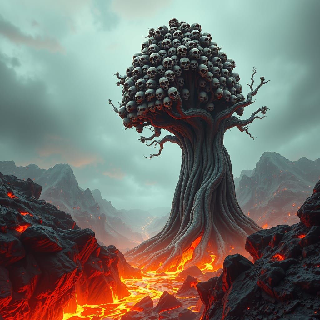 Colossal Skull Tree in Fiery Landscape
