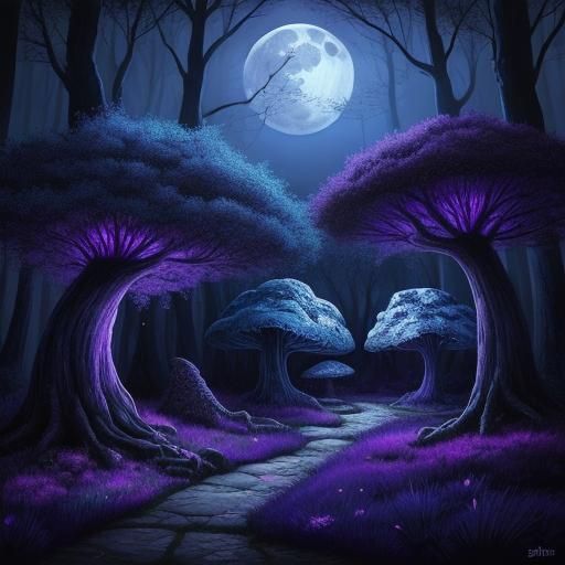 Mysterious Purple Enchanted Forest in Moonlight