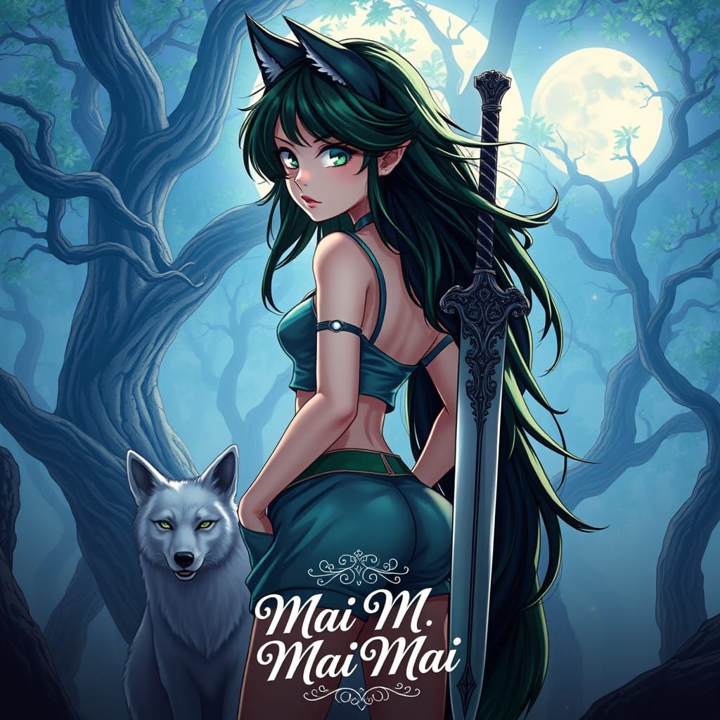 Wolf Girl in Mystical Forest with Pet Wolf