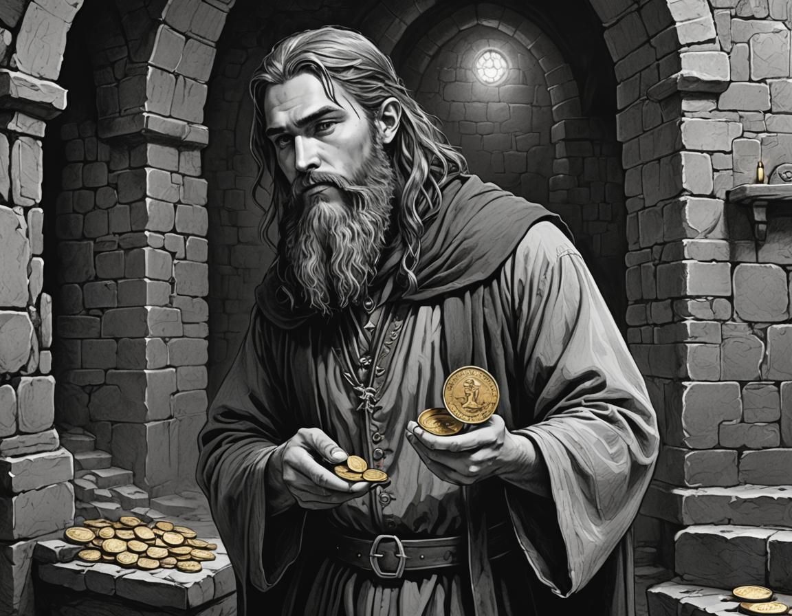 Young Wizard with Gold Coin Sketch in Dungeon