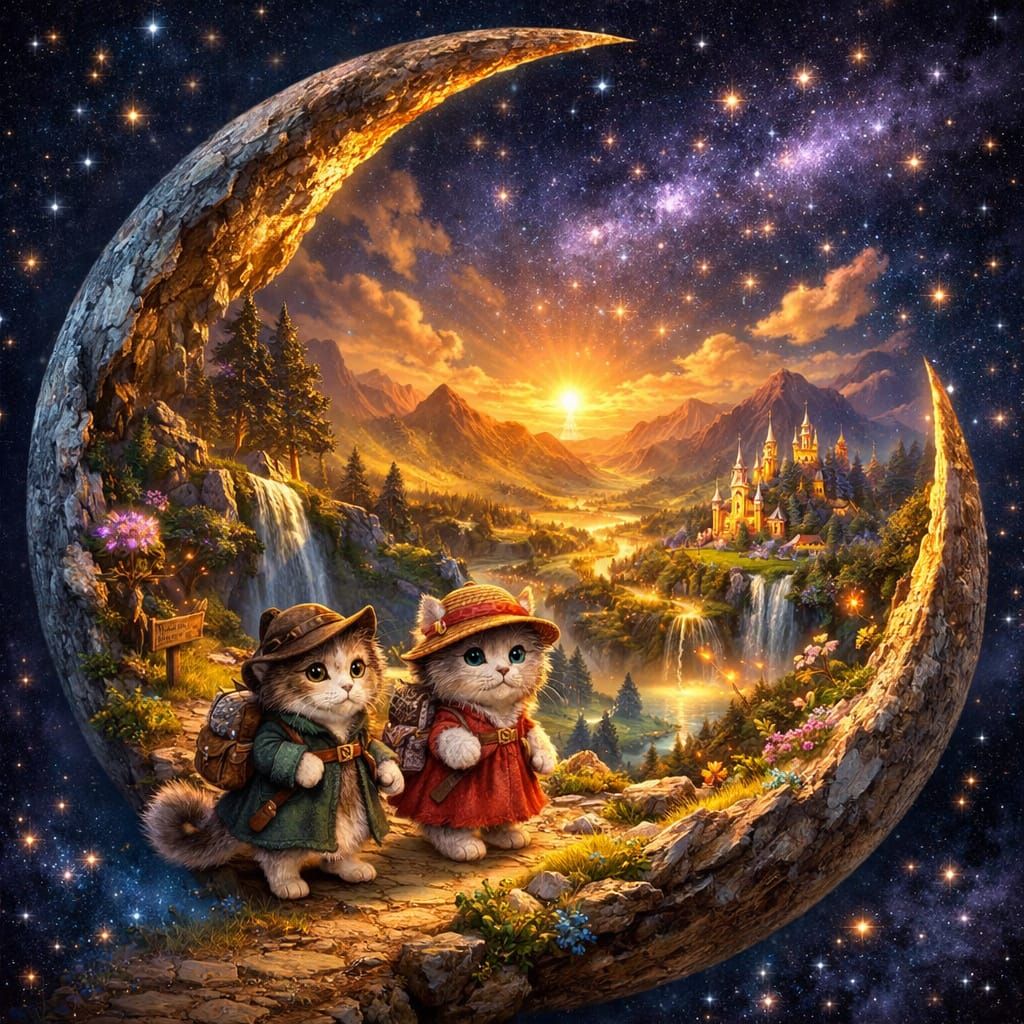 Miniature World on Crescent Moon with Traveler Cats