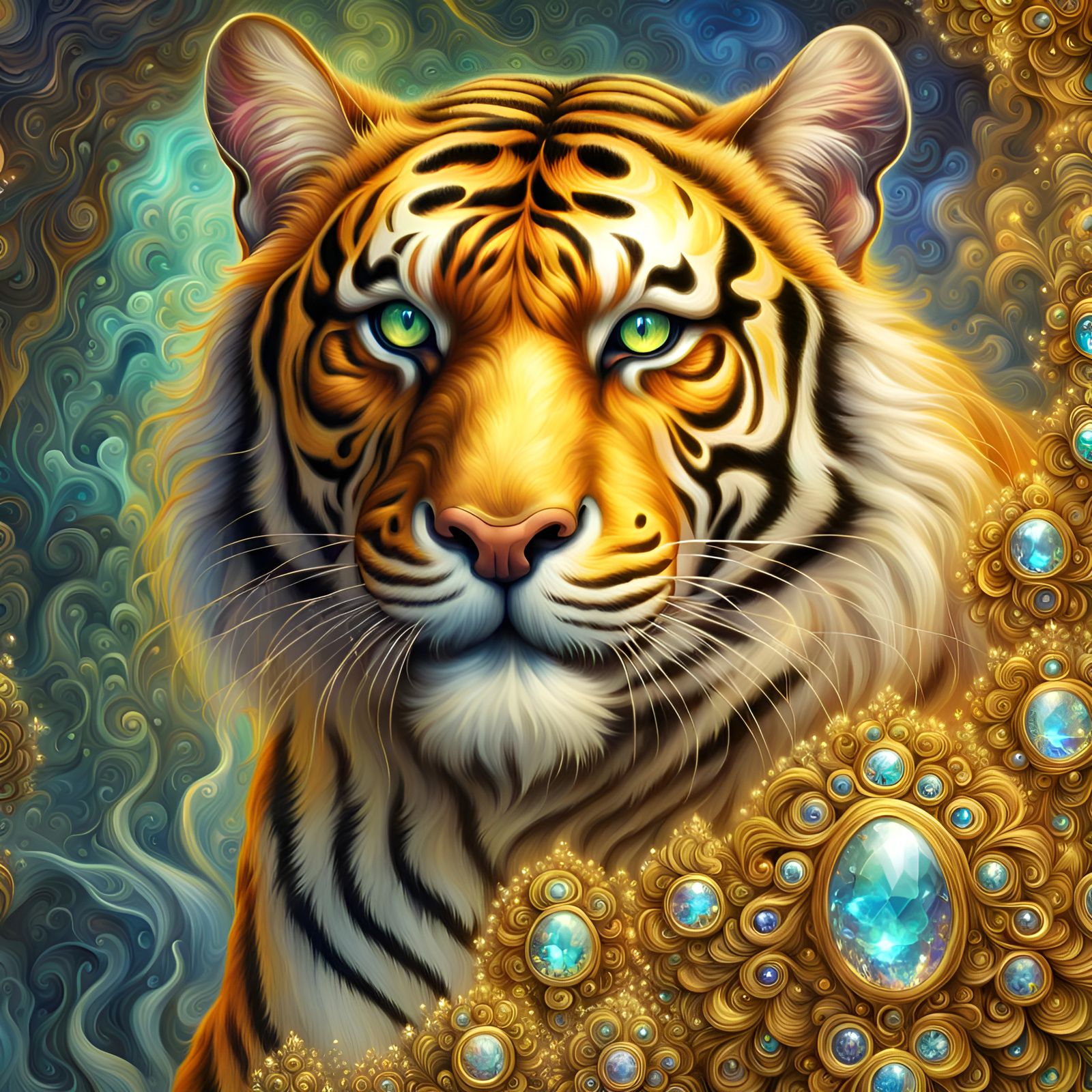 Golden Fractal Tiger: Digital Oil Painting