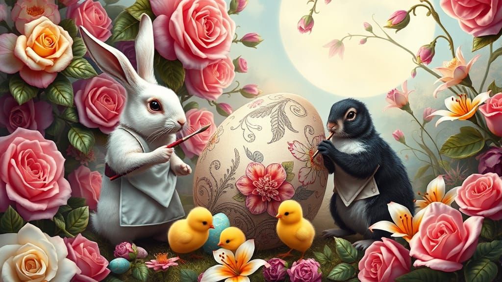 Rabbits Painting Easter Eggs in Fairytale Landscape
