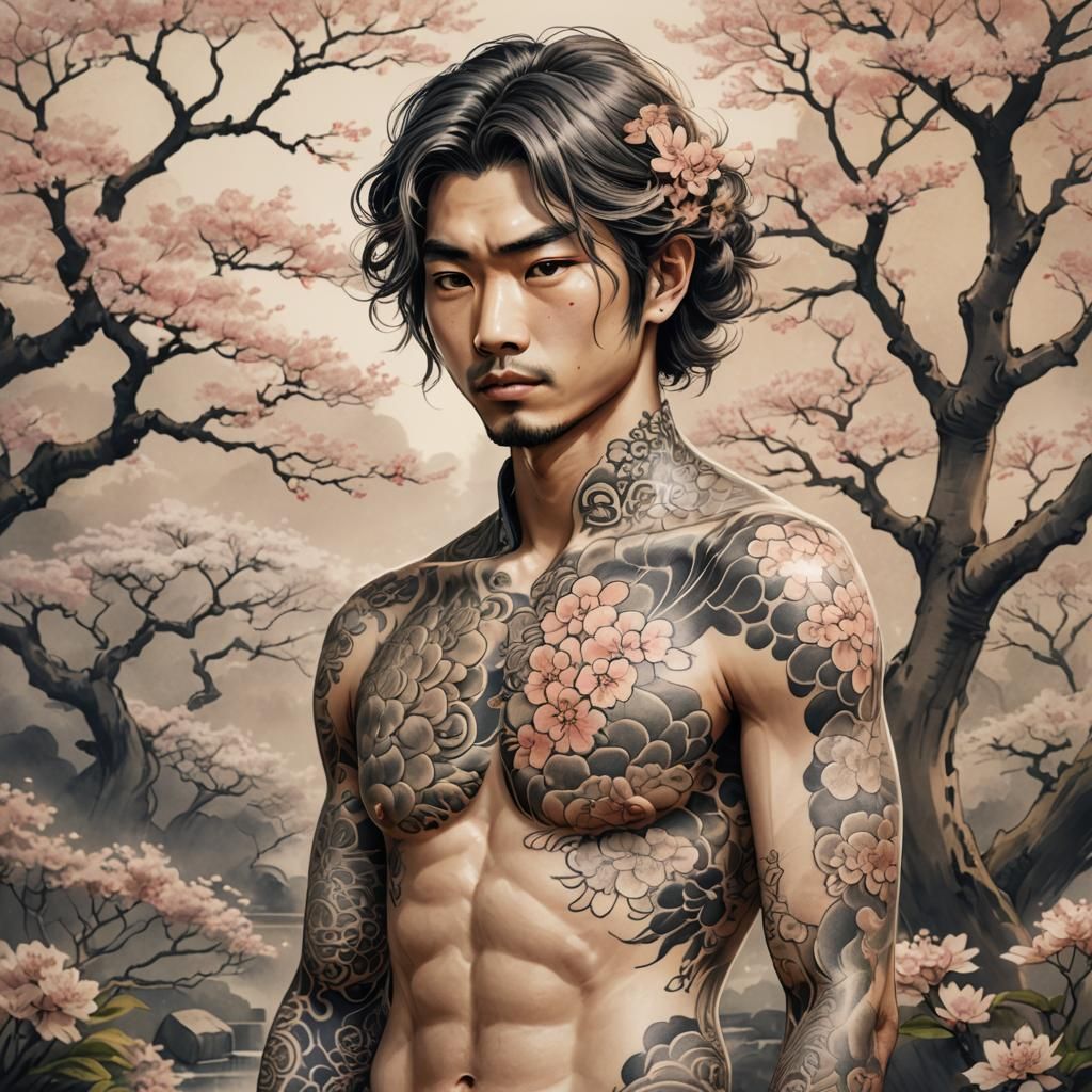 Japanese Model with Tattoos in Ink Wash Style
