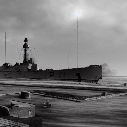 Desolate 1930s City Harbor With Warships