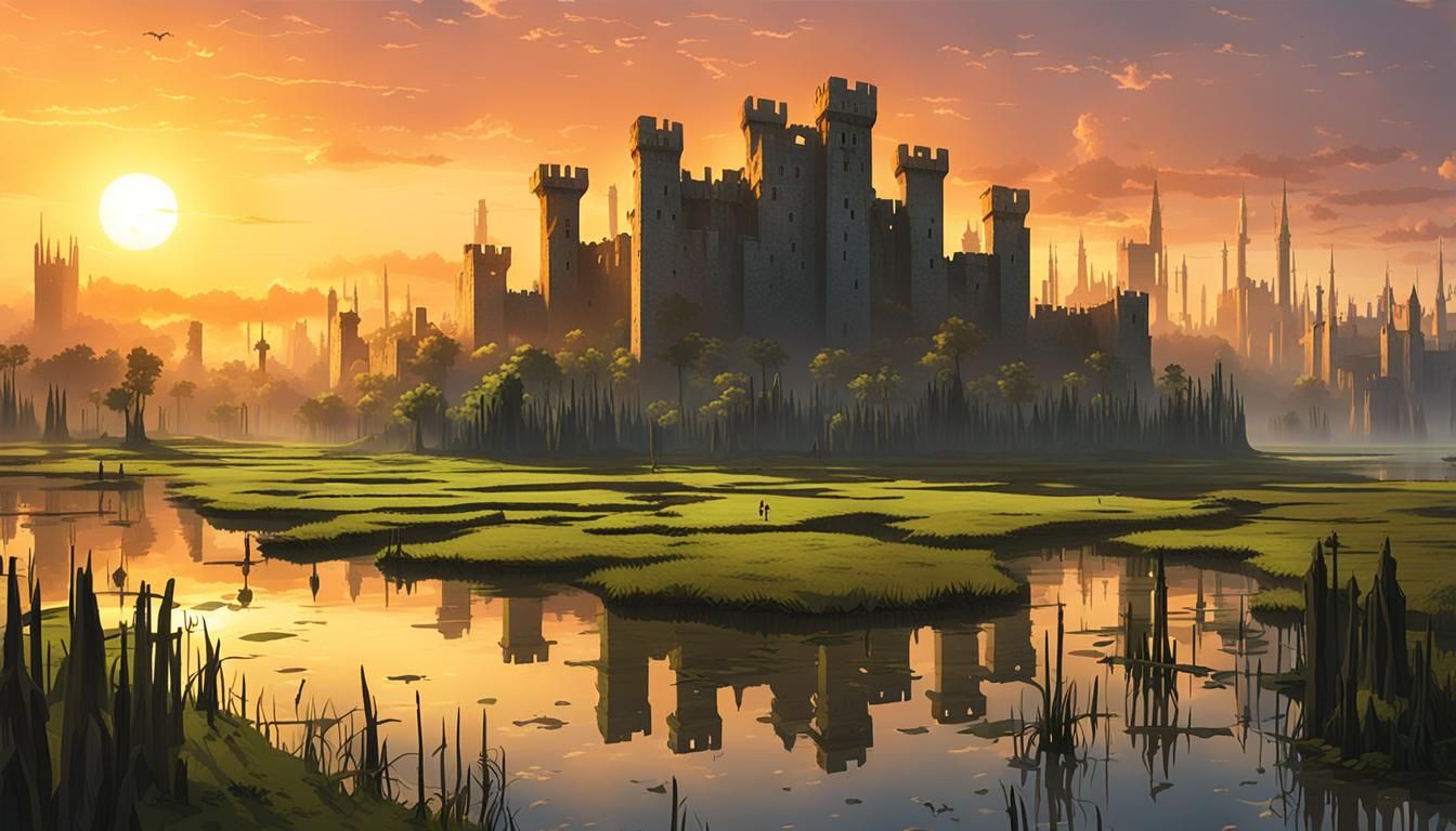 Fortified Medieval City in Swamp at Dawn
