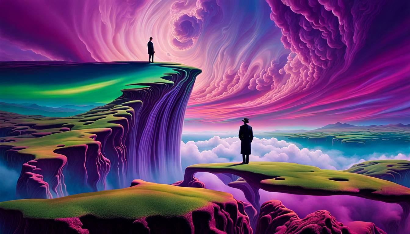 Surreal Figure Overlooking Distorted Landscape