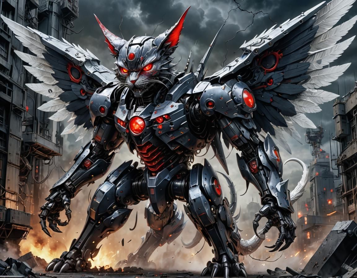 Mechanical Demon Cat with Glowing Eyes in Airbrush Art