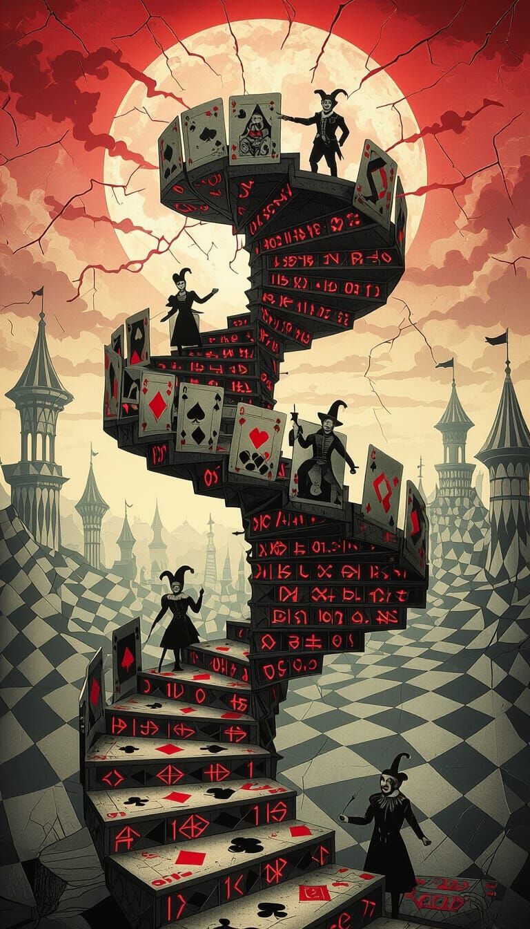 Cursed Carnival: Infinite Card Staircase in Gothic Style