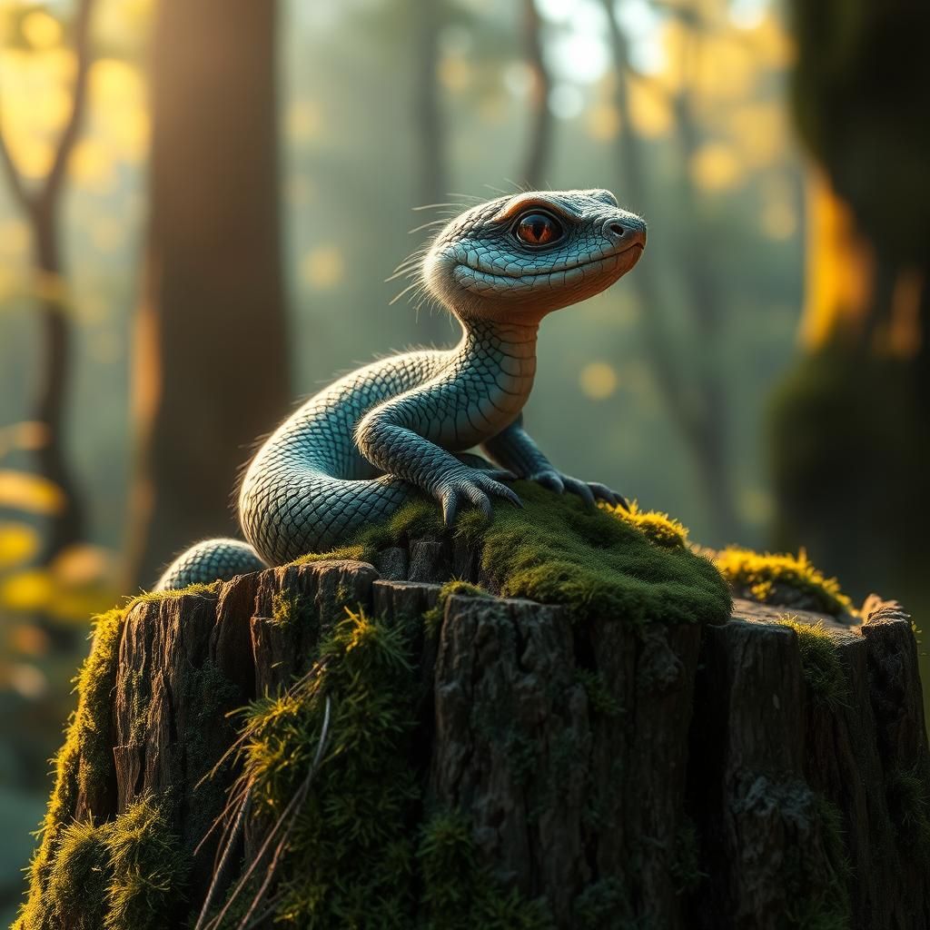 Fluffy Tugarin Serpent on Mossy Stump, Digital Art