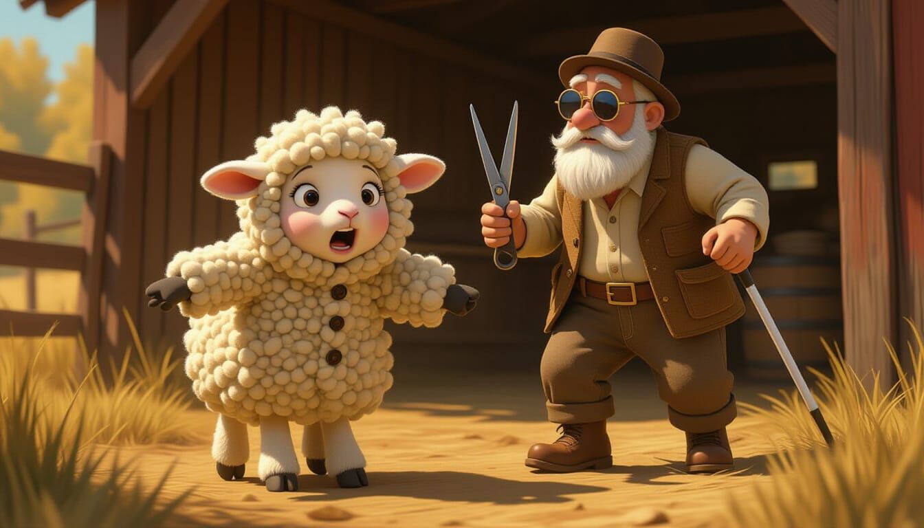 Panicked Lamb Escapes Blind Shepherd: Whimsical Farm Scene