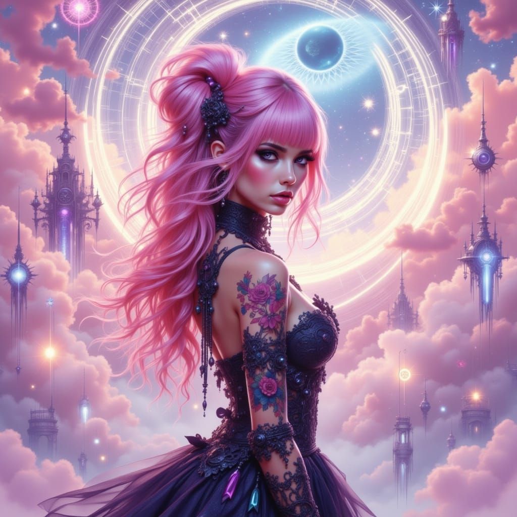 Goth Lady in Celestial Dreamscape with Occult Motifs