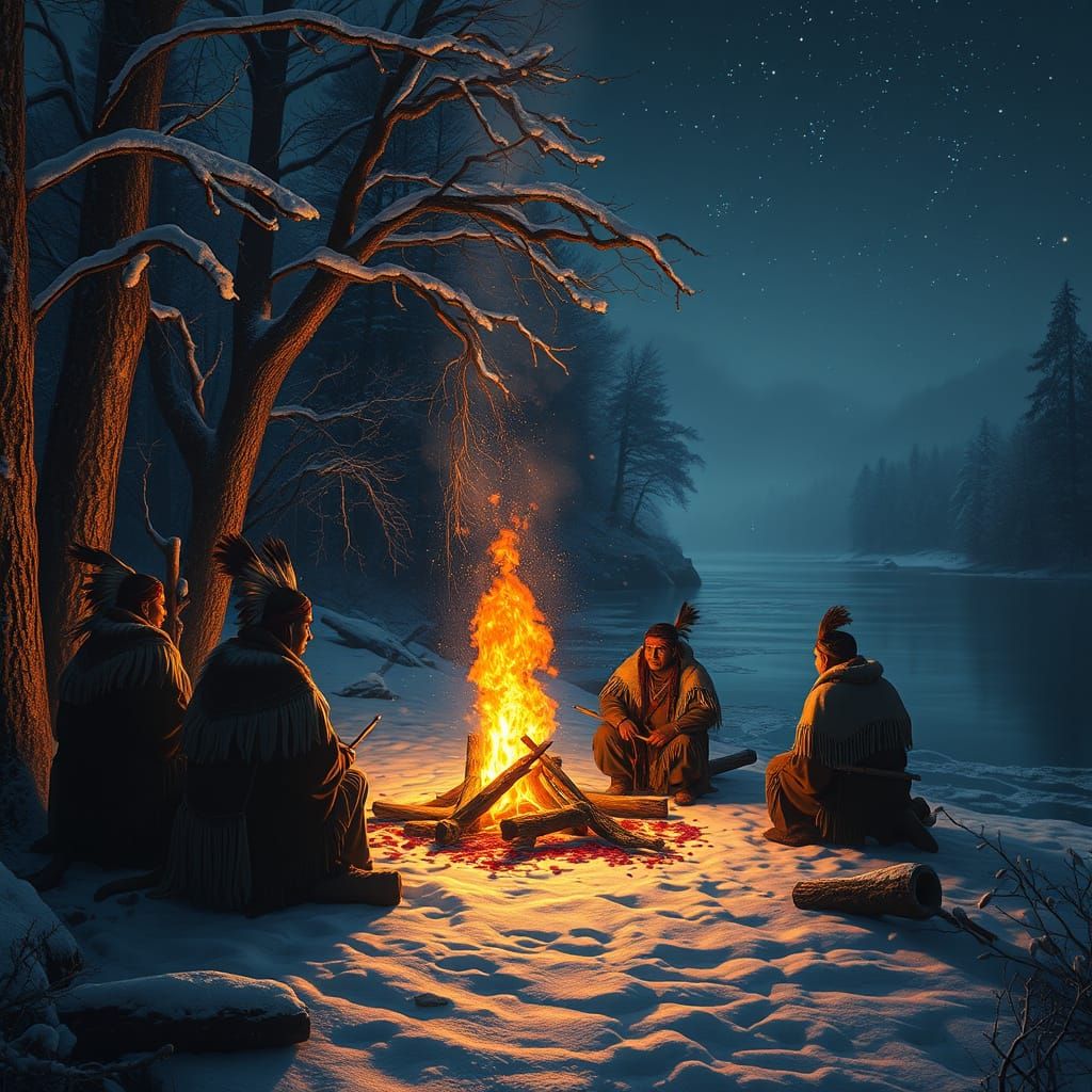 Winter Riverbank Gathering Under Starry Skies