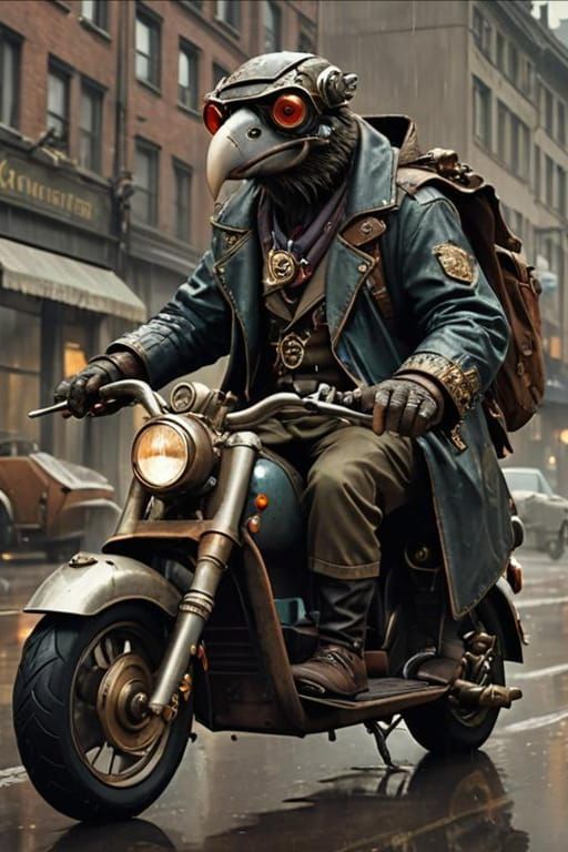 Steampunk Vulture on Scooter in Rainy Cityscape