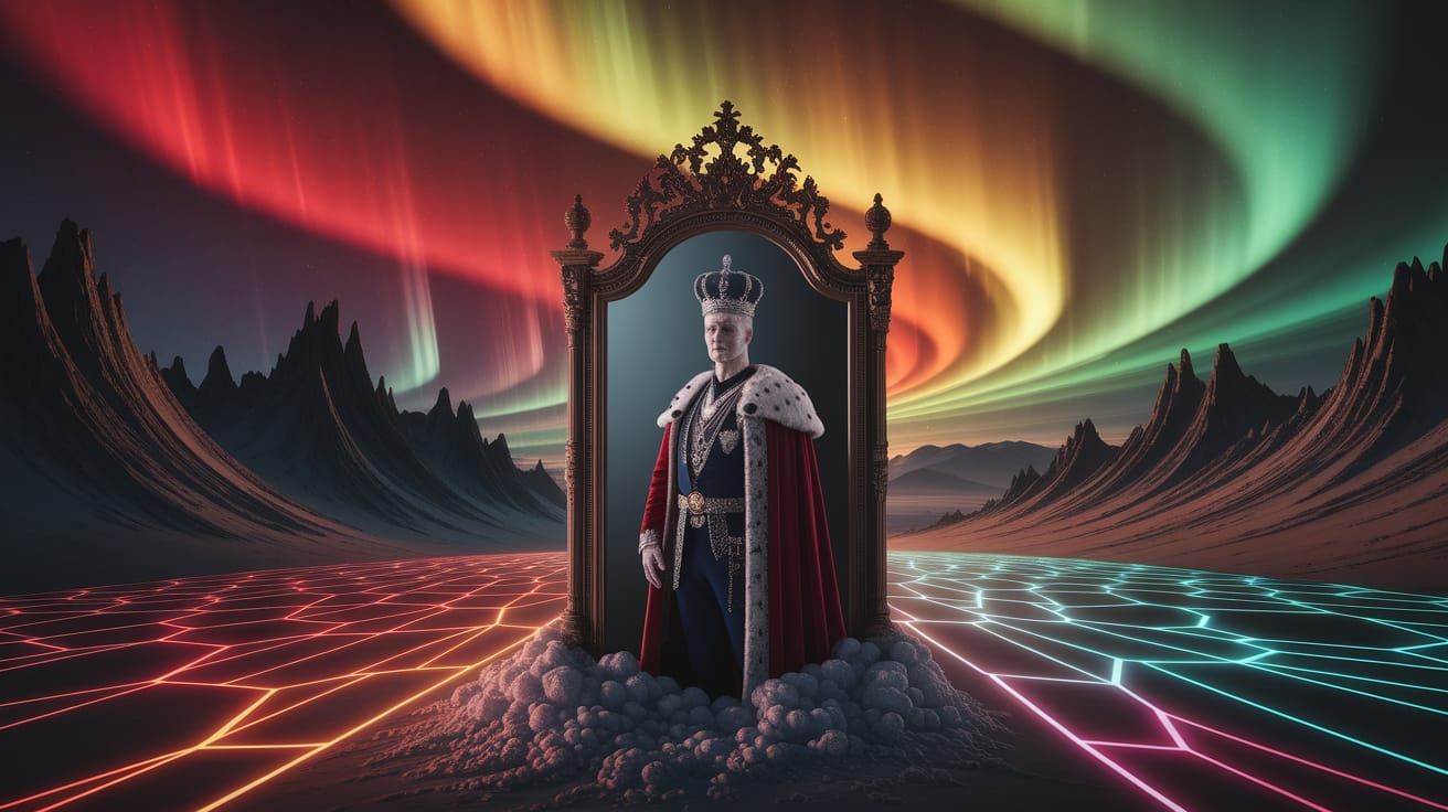 Colossal Mirror Reflects Skeletal King Under Aurora Sky