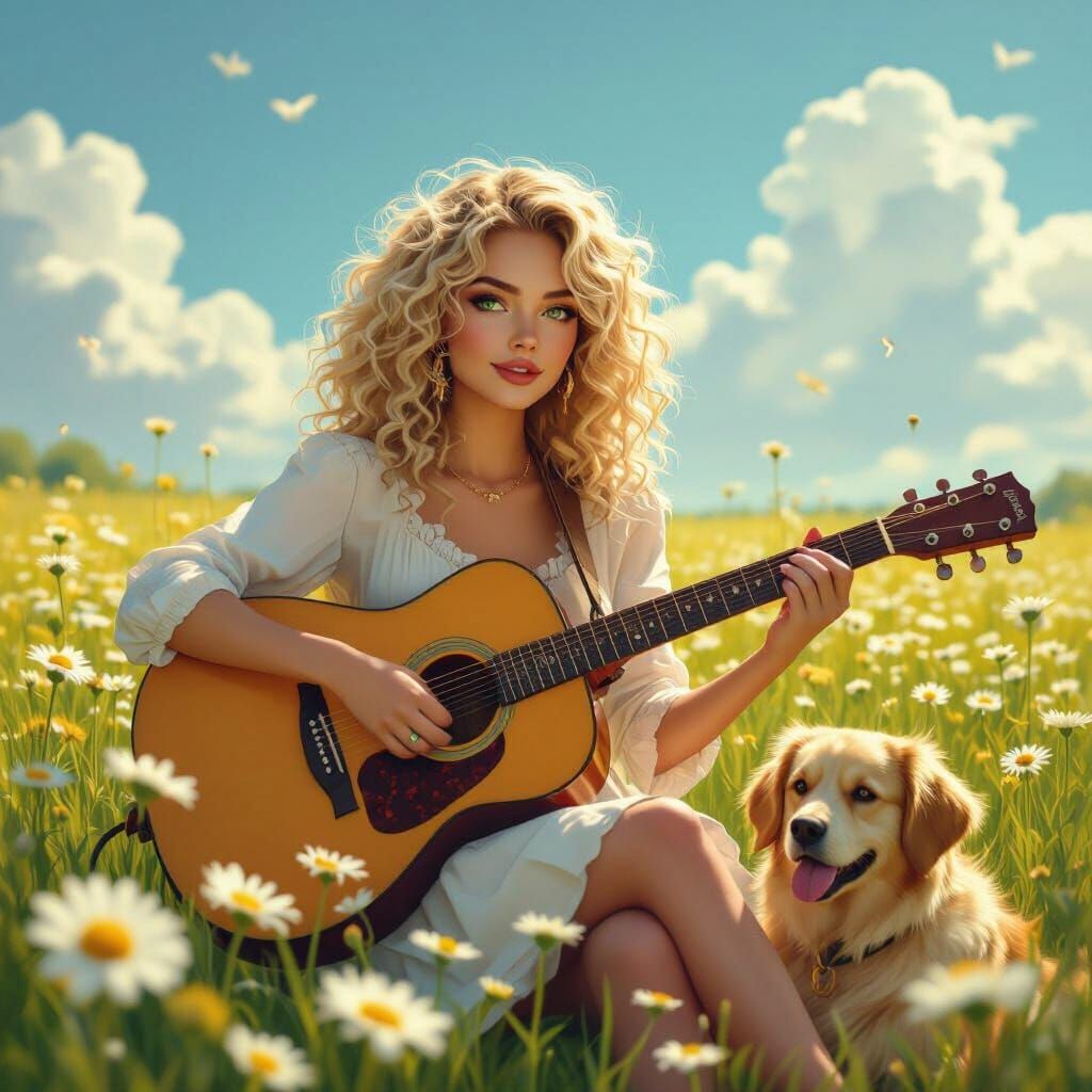 Dreamlike Daisy Field Scene with Guitarist