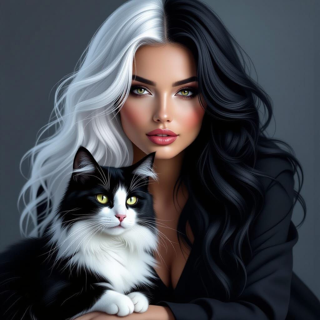 Monochrome Portrait: Woman with Black and White Hair and Cat