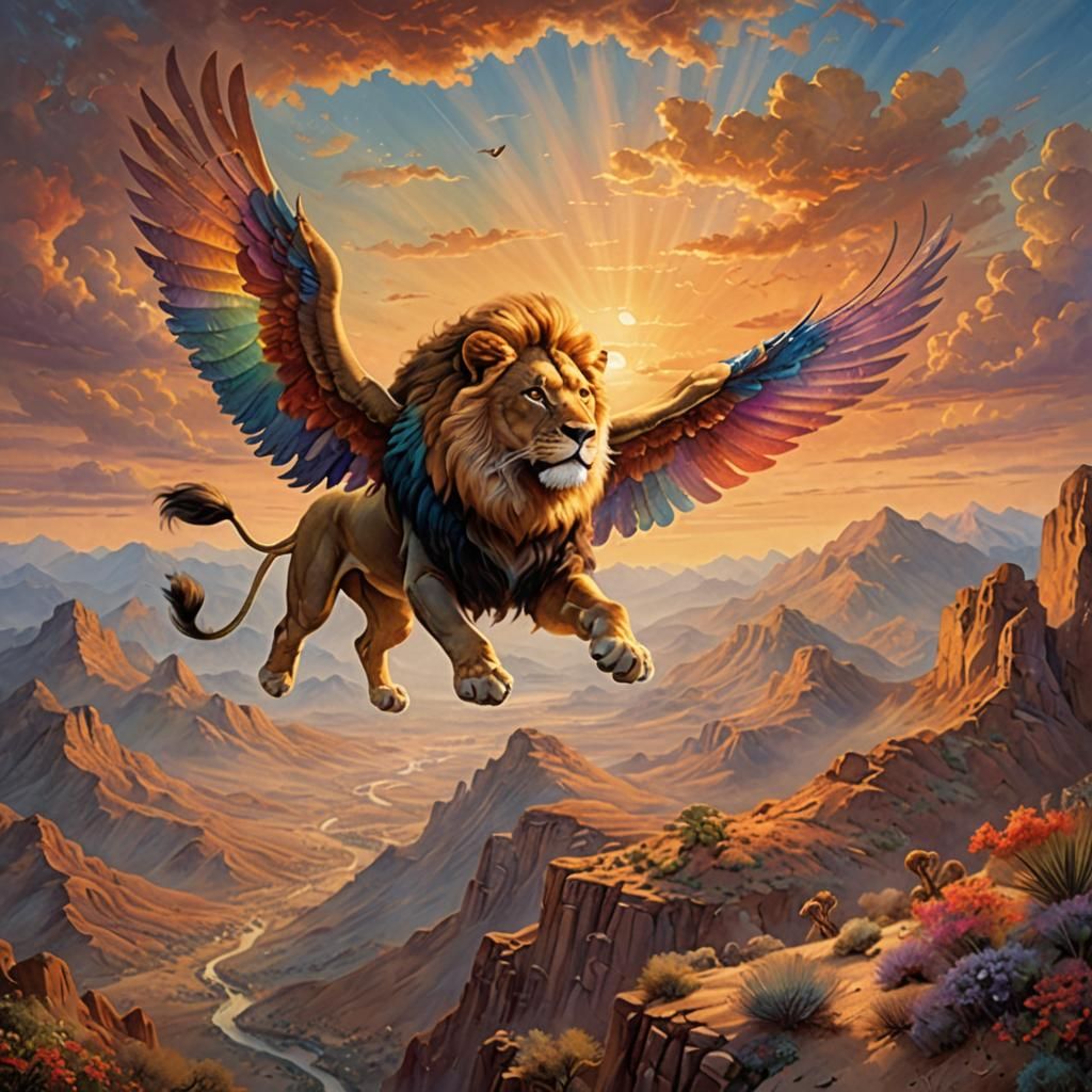 Winged Lion Soaring Over Desert Mountains at Sunset