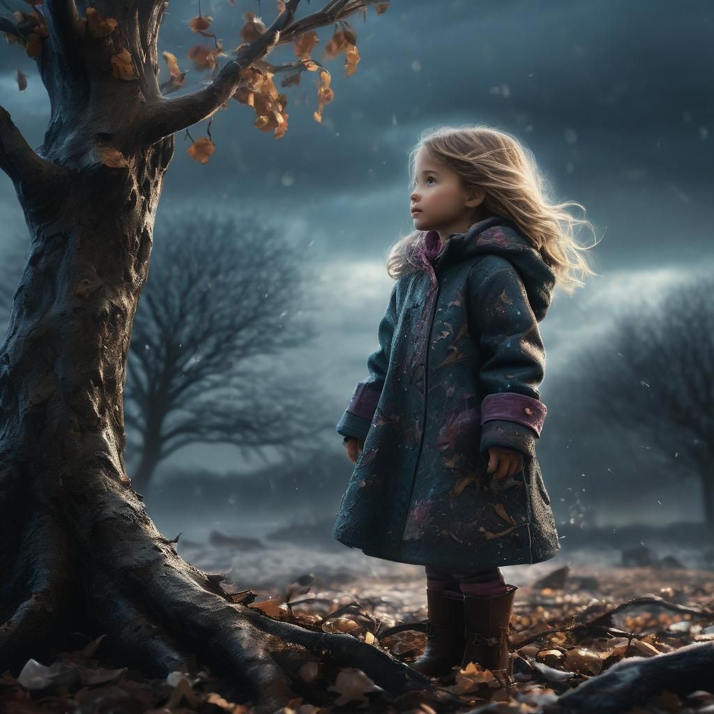 Child in Winter Storm: Kinkade-Inspired Oil Painting