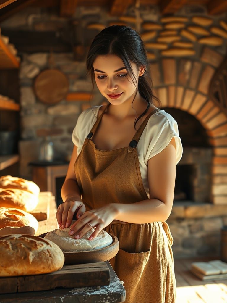 Medieval Baker Prepares Fresh Bread in Warm Sunlit Bakery