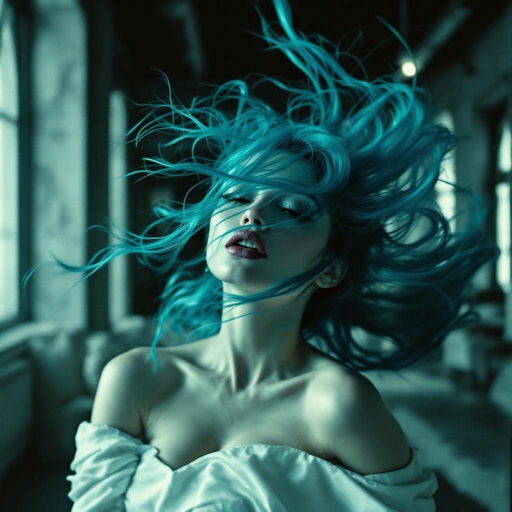 Elegant Woman with Electric-Blue Hair, Cinematic Portrait