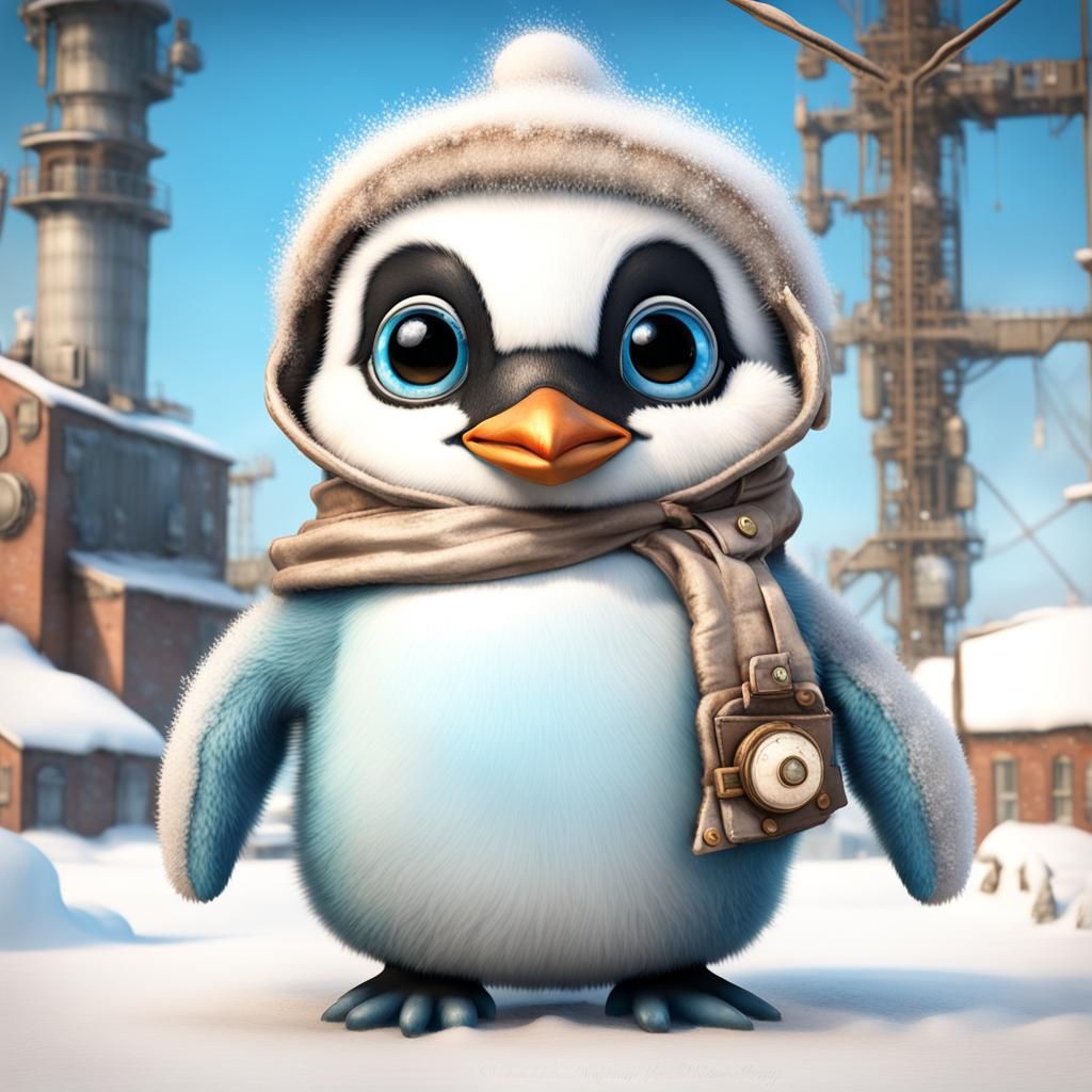 Steampunk Penguin in Snowy City: 3D Digital Art