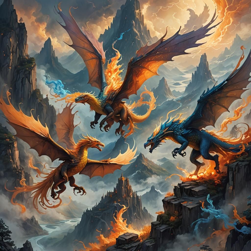 Dragons and Phoenix Soar Over Mystical Landscape